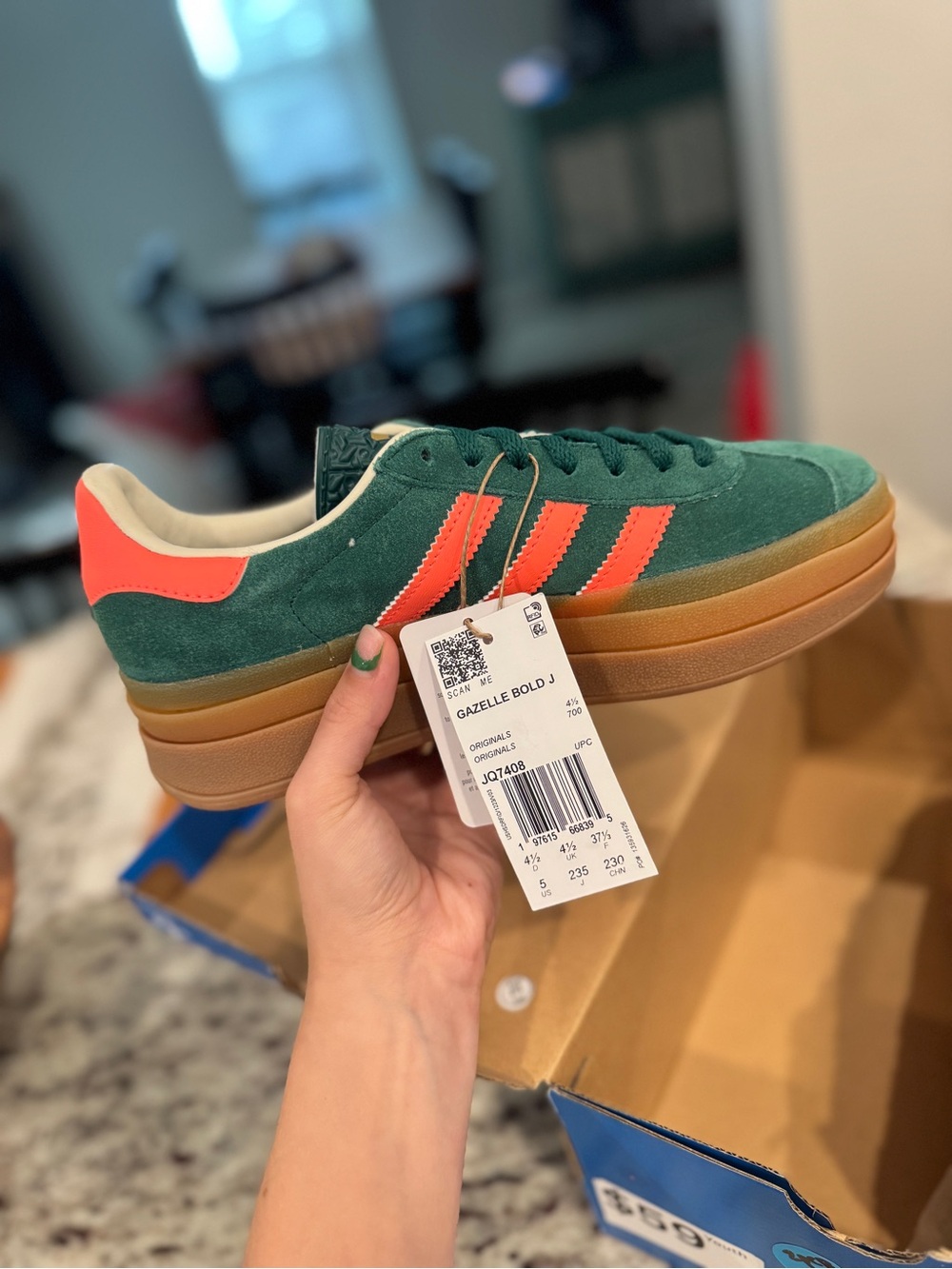 adidas Gazelle Bold W Suede Sneaker - Green with Coral Stripes